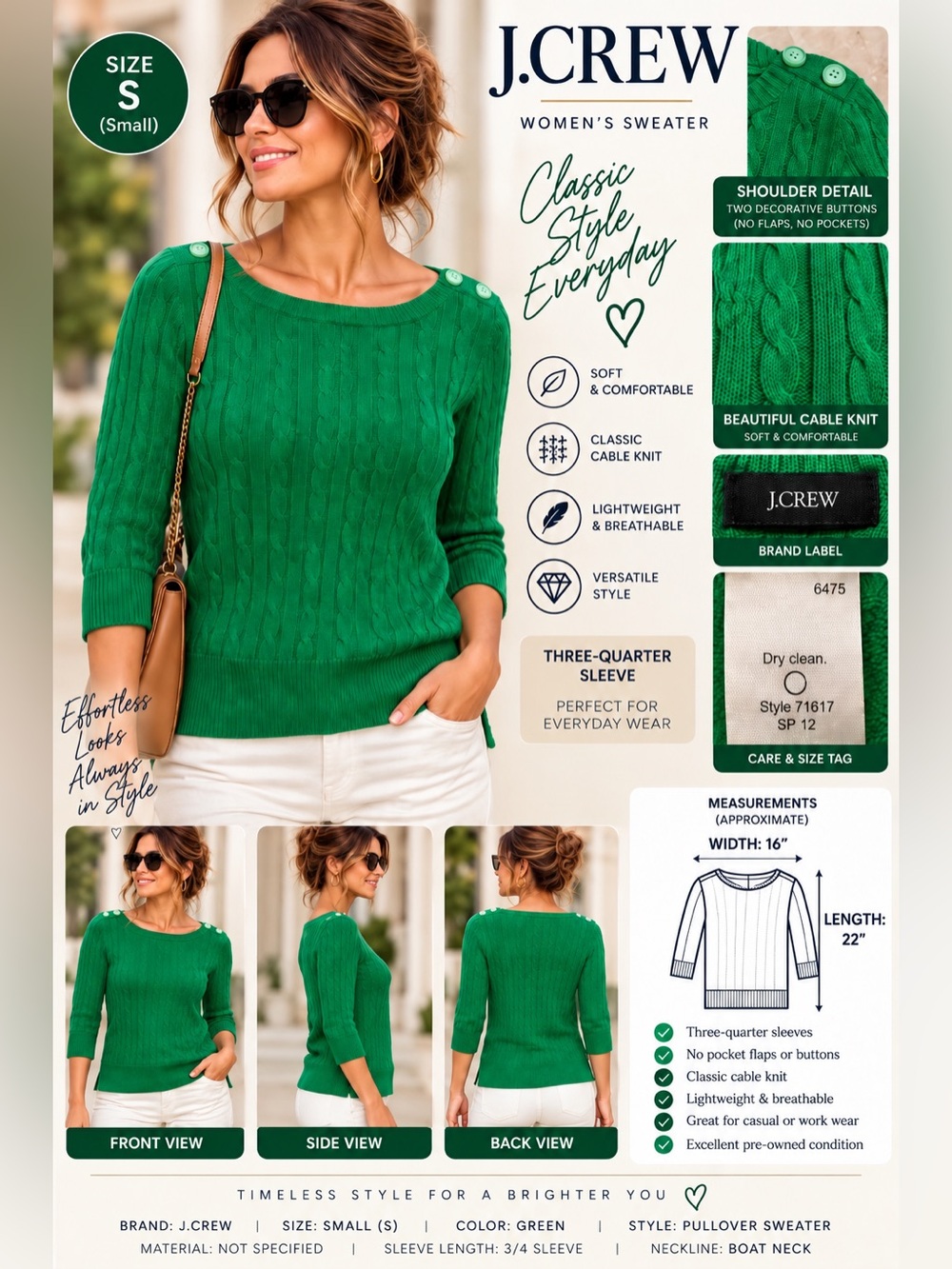 J.CREW Womens Green Cable Knit Boat Neck 3/4 Sleeve Pullover Sweater S 71617